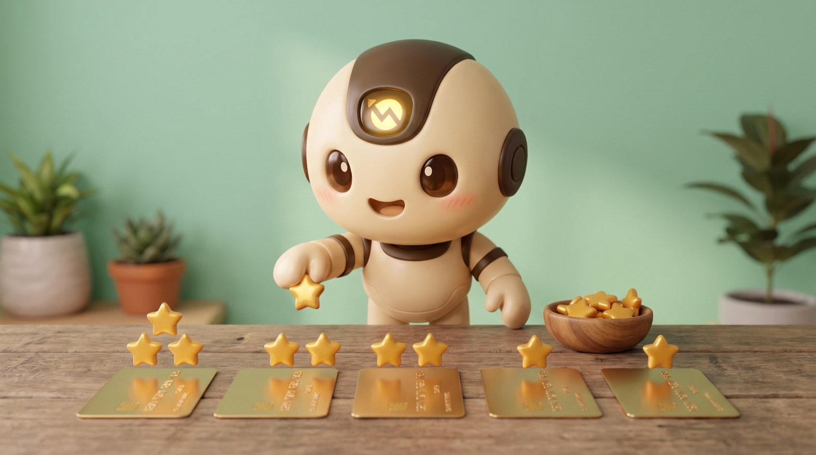 Pablo poniéndole estrellas doradas a cinco tarjetas gold en una mesa